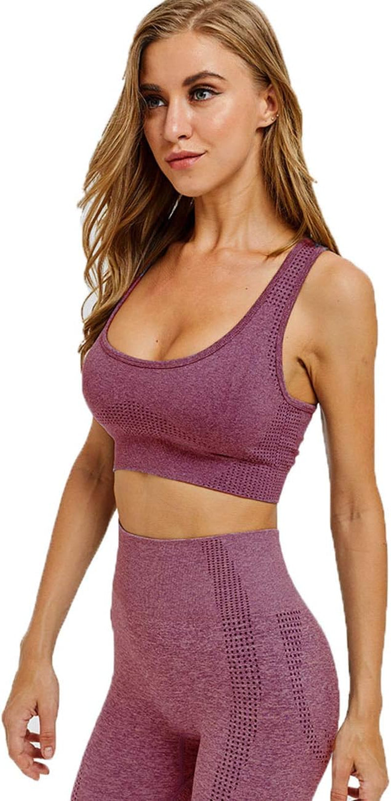 Toplook Women Seamless Yoga Workout Set 2Pcs Outfits Gym Leggings and Sports Bra (Wine, Small)