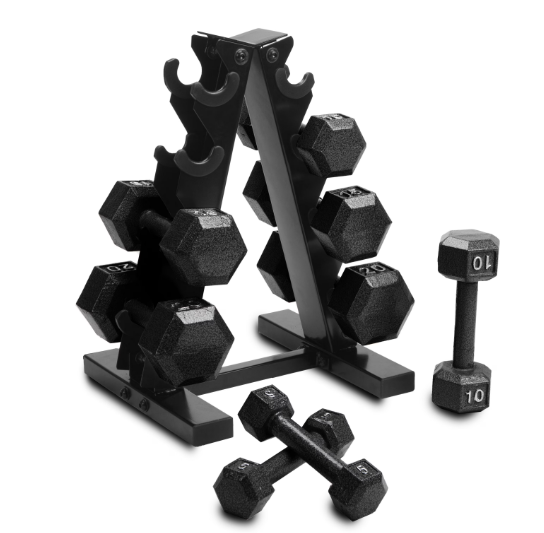 Barbell 100 Lb Cast Iron Hex Dumbbell Weight Set with Rack, Black