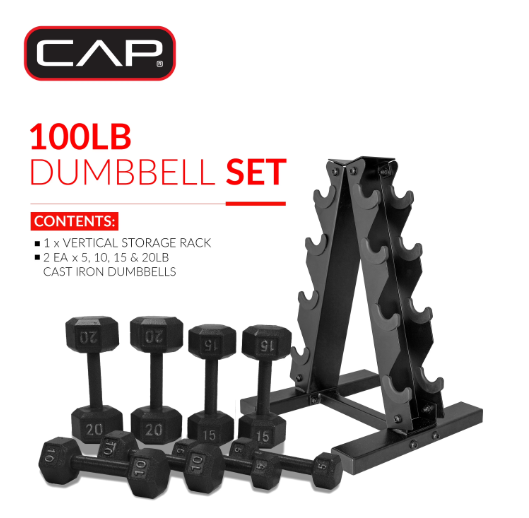 Barbell 100 Lb Cast Iron Hex Dumbbell Weight Set with Rack, Black