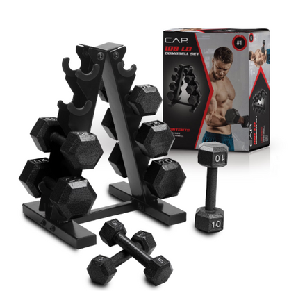 Barbell 100 Lb Cast Iron Hex Dumbbell Weight Set with Rack, Black